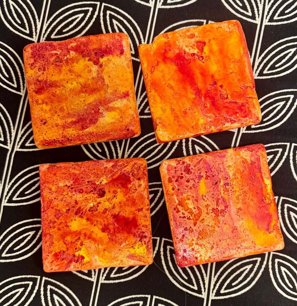 Set of 4 Hand-Crafted Square Ceramic Coasters in Wildfire Red & Orange Glaze